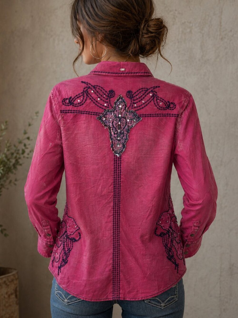 Roar Pink Embellished Y2K Western Button Up Shirt Large Cross Sz L Pockets